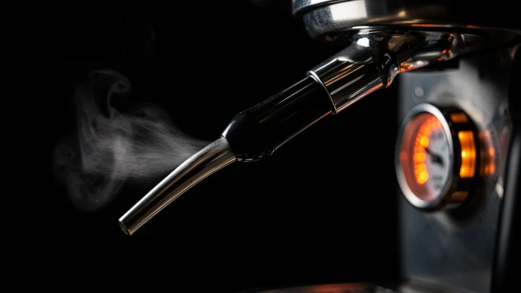 Close-up of steam wand on espresso machine with vapor in dramatic lighting
