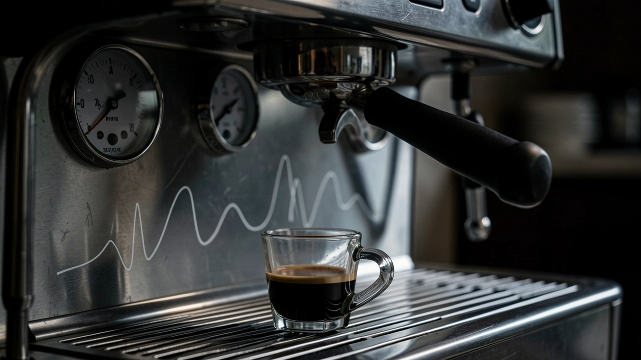 Low-light shot of espresso machine gauge and display with empty shot glass in foreground.