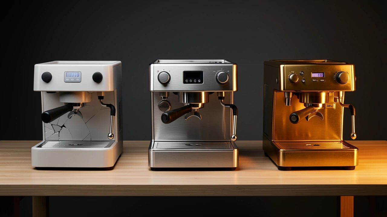 Machine Lifespan Tiers Three espresso machines arranged by build quality from budget to prosumer.