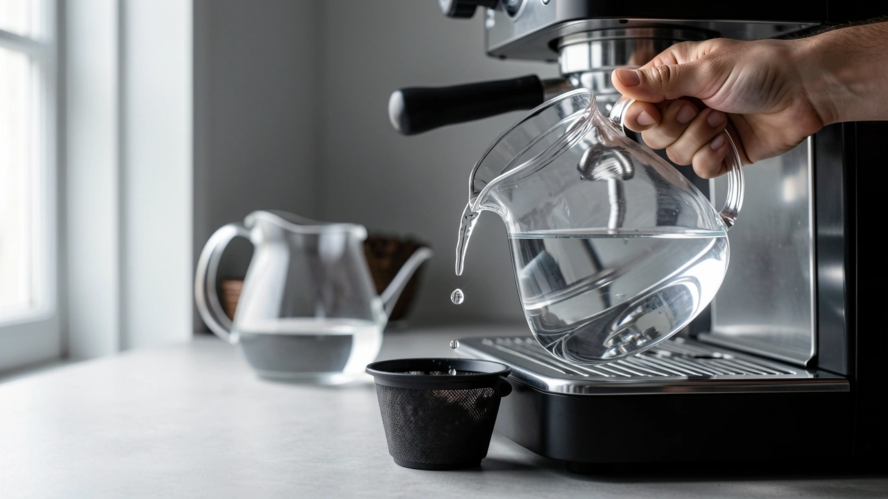 Water Filtration for Espresso Pouring filtered water into an espresso machine reservoir.