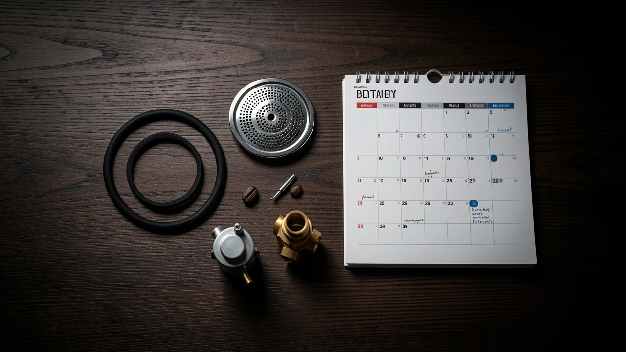 Preventative Parts Replacement Flat lay of espresso machine wear parts and a maintenance calendar.