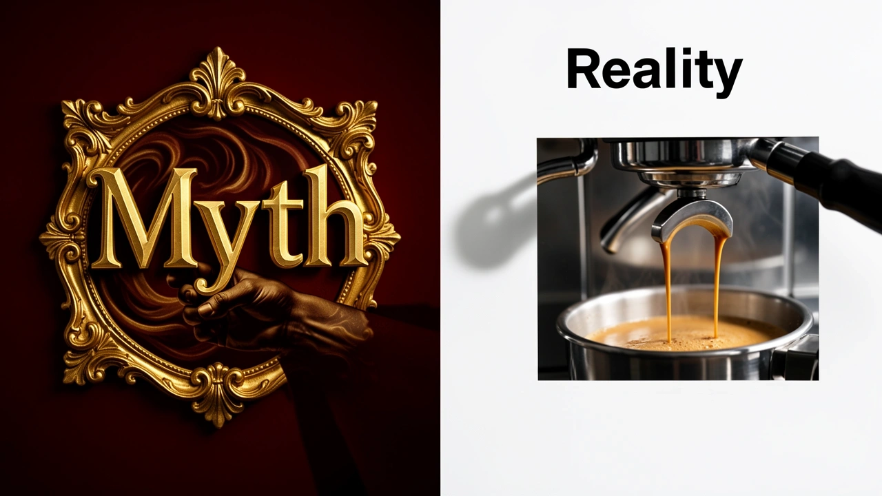 Conceptual image comparing flimsy myth and solid reality of espresso making.