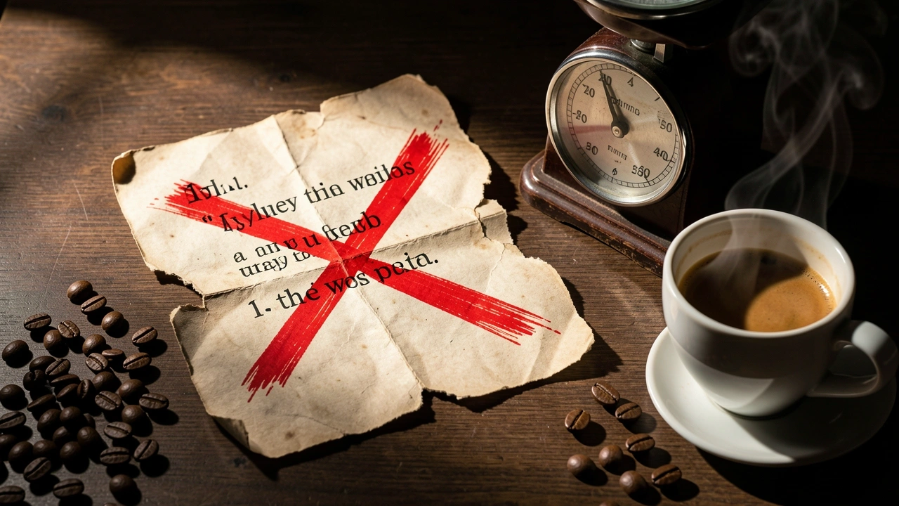 Conceptual image of torn paper with crossed out myths next to portafilters and espresso