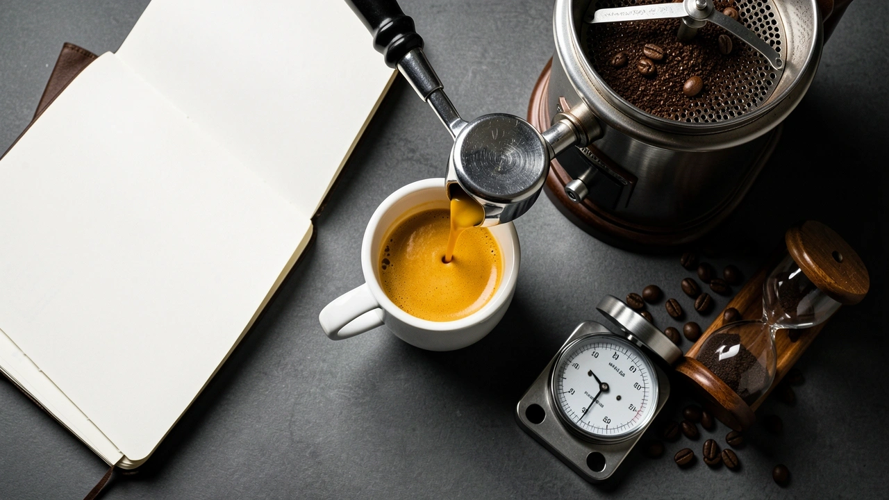 Dialing In Your Pre-Infusion Workflow Overhead espresso dialing-in setup with bottomless portafilter, blank notebook, scale, hourglass, and fresh coffee beans