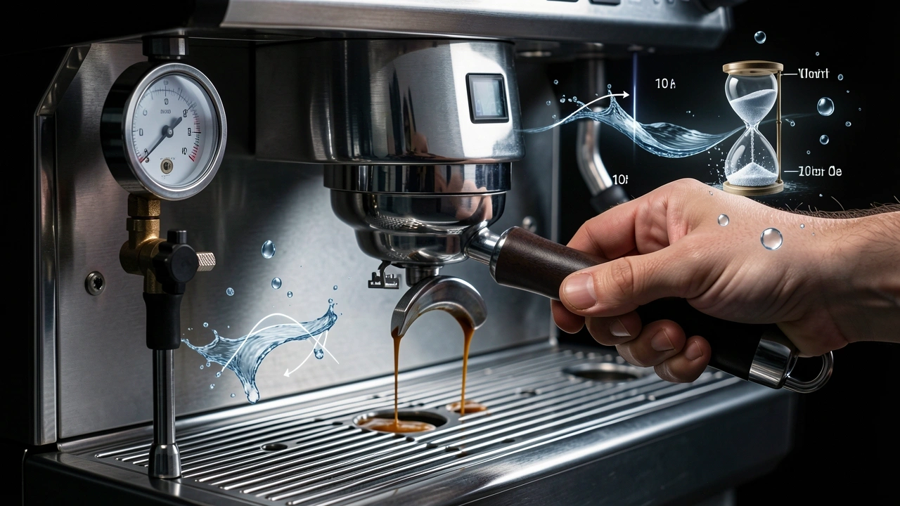 Pre-Infusion Variables: Time and Pressure Espresso machine pressure gauge and flow-control valve with hourglass showing pre-infusion time and pressure variables