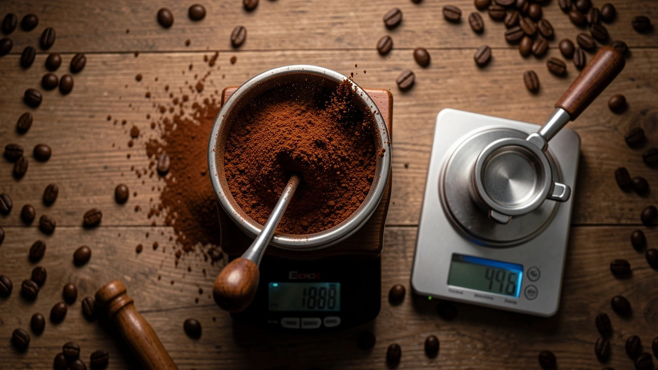 Espresso grinder, scale, portafilter, and tamper arranged for dialing-in extraction