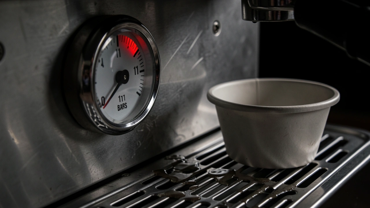 Espresso machine pressure gauge showing 11 bars in red zone