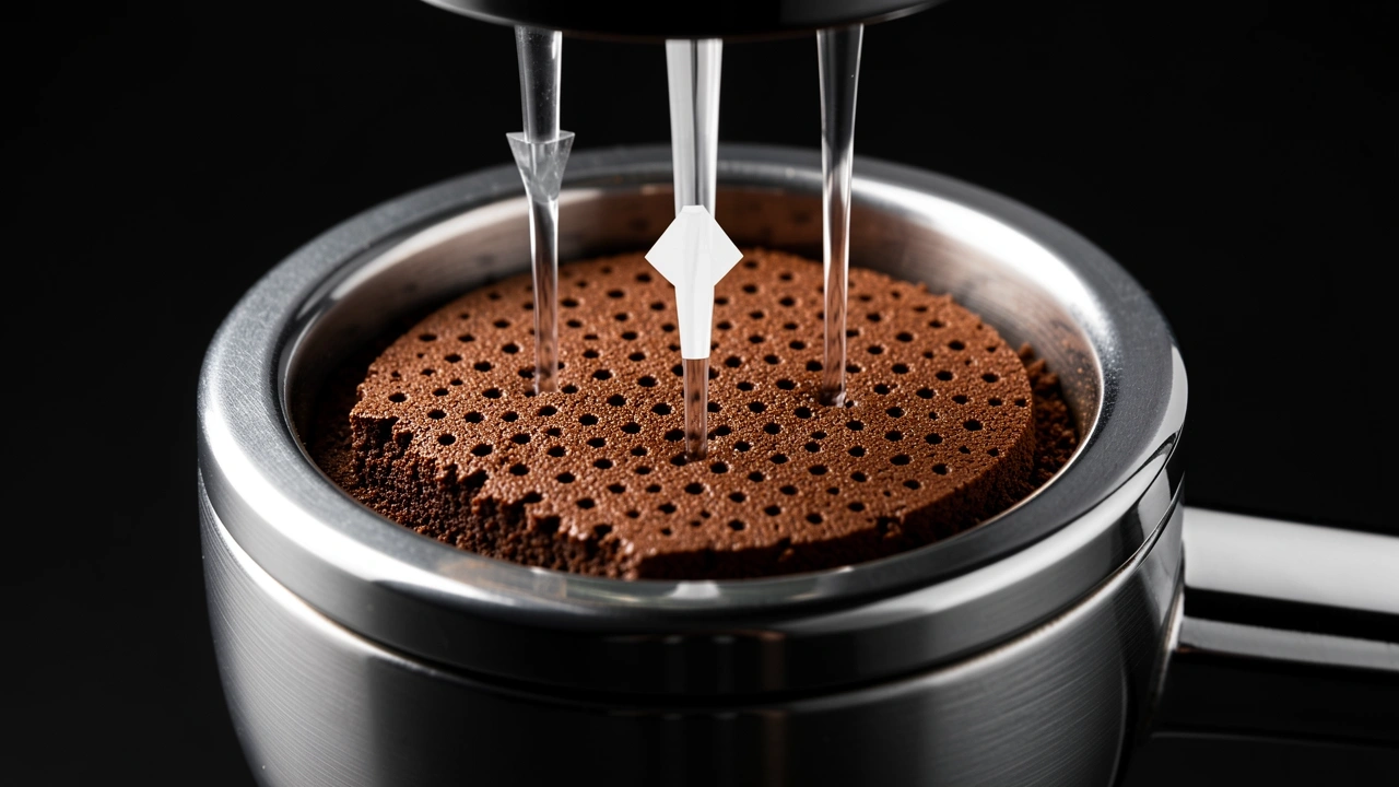 Cross-section of espresso puck with water pressure arrows showing particle resistance