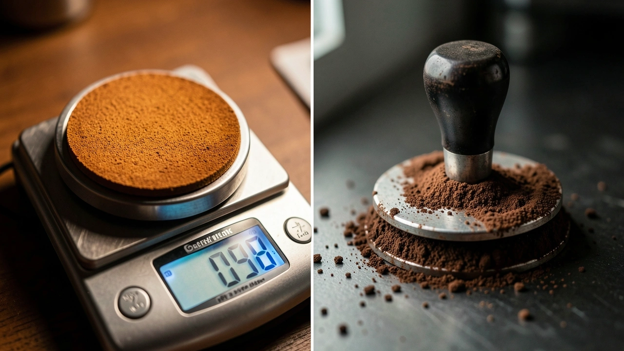 Espresso Quality vs. Cheap Tamper Contrast Split image: precise espresso puck with scale on left, uneven tamper and grounds on right, showing quality contrast.