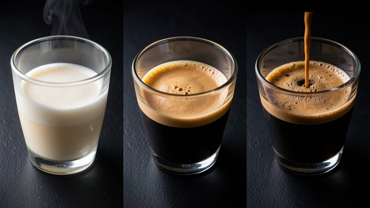 Three espresso shots showing fast, perfect, and slow extractions for grind adjustment