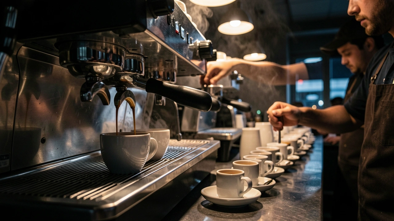 High Volume Espresso Descale Interval High-volume espresso extraction with many cups representing descaling frequency