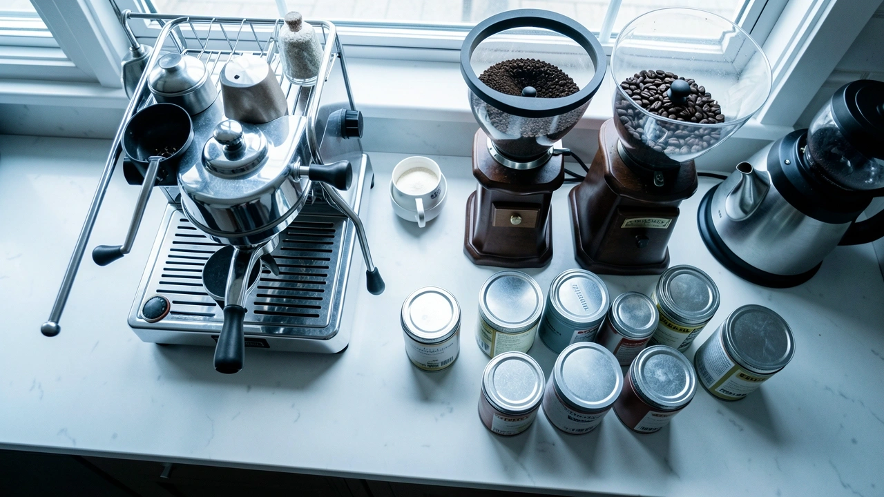 Cluttered countertop with espresso machine, grinder, kettle, and coffee beans.