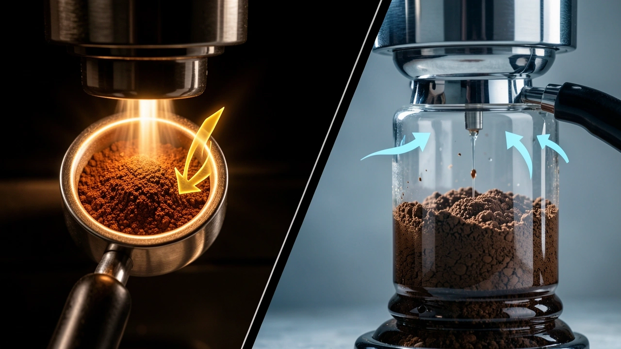 Espresso vs Drip Coffee Mechanism Split visual comparing espresso extraction under pressure and drip coffee using gravity