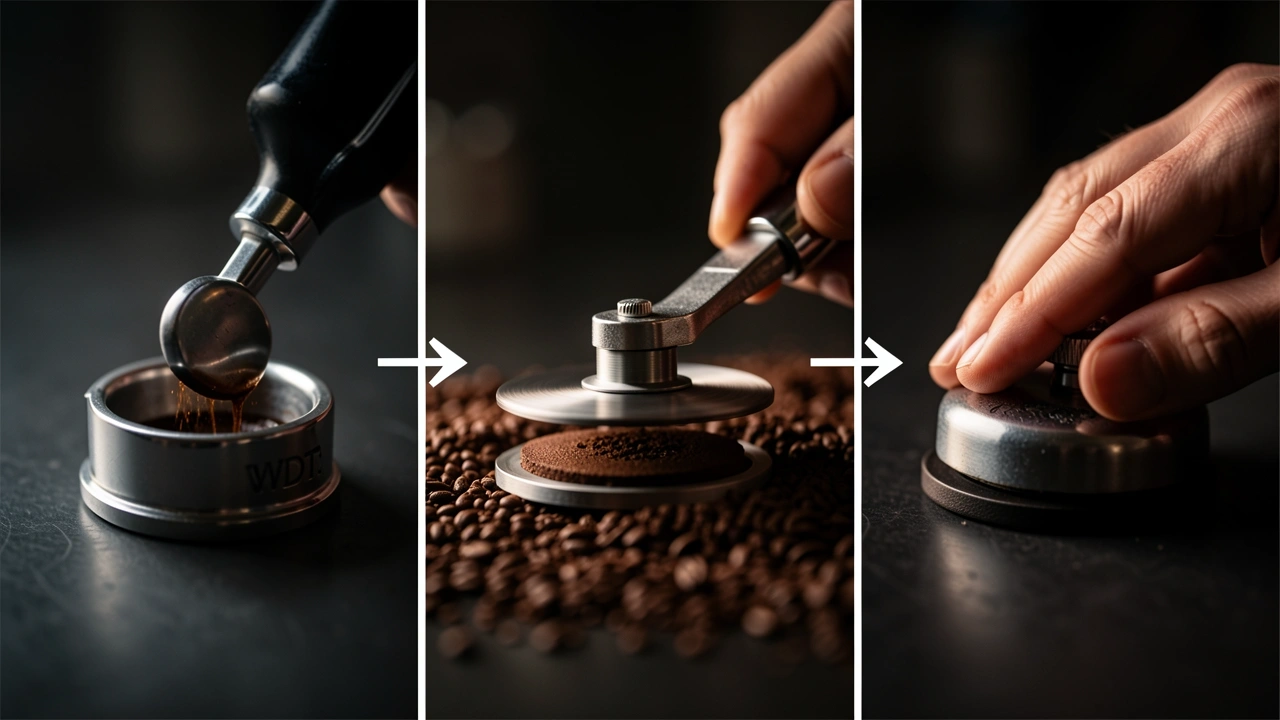Three espresso prep steps—WDT, level, tamp—in sequence on a dark background.