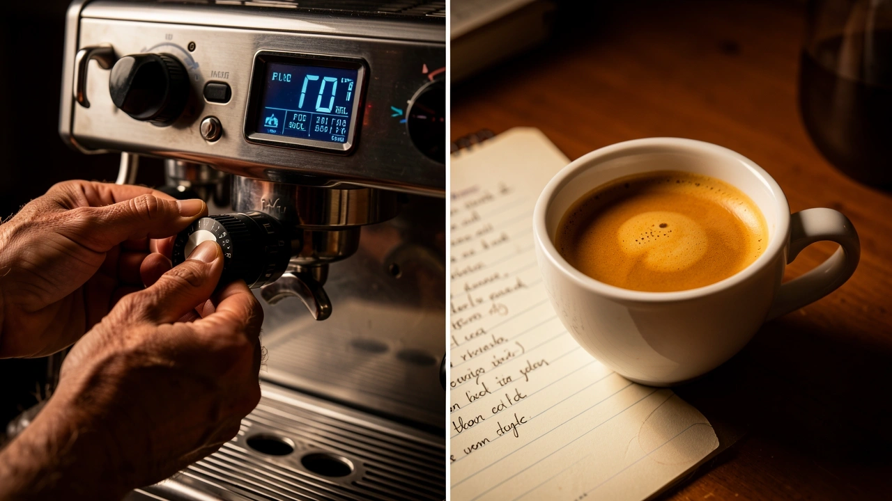 Split image showing high-end grinder and PID machine on left, clear light roast espresso with tasting notes on right