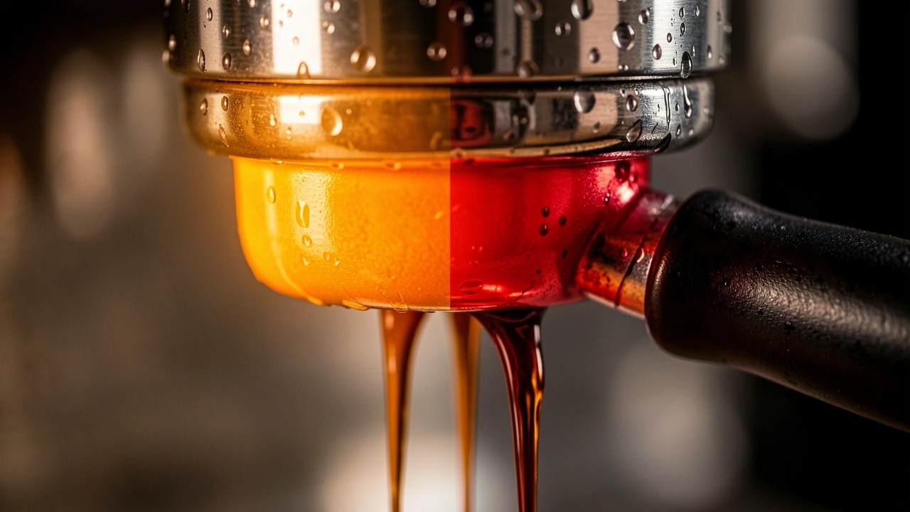 Extraction Temperature Stability and Portafilter Material Close-up of espresso extraction with thermal gradient overlay on portafilter