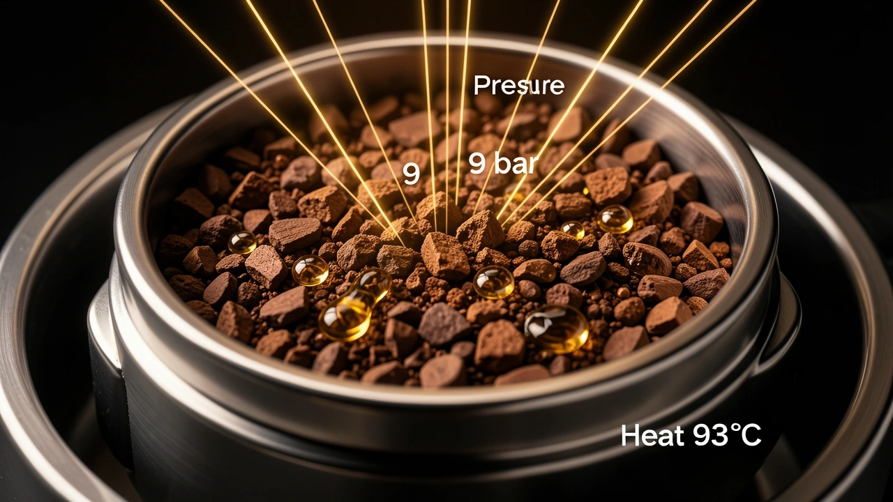 Cross-section of espresso extraction showing pressure, heat, and particle size distribution