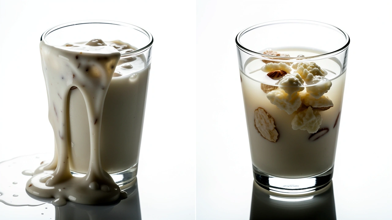 Consequences of Incorrect Milk Temperature Comparison of slimy overheated oat milk and curdled almond milk at wrong temperatures
