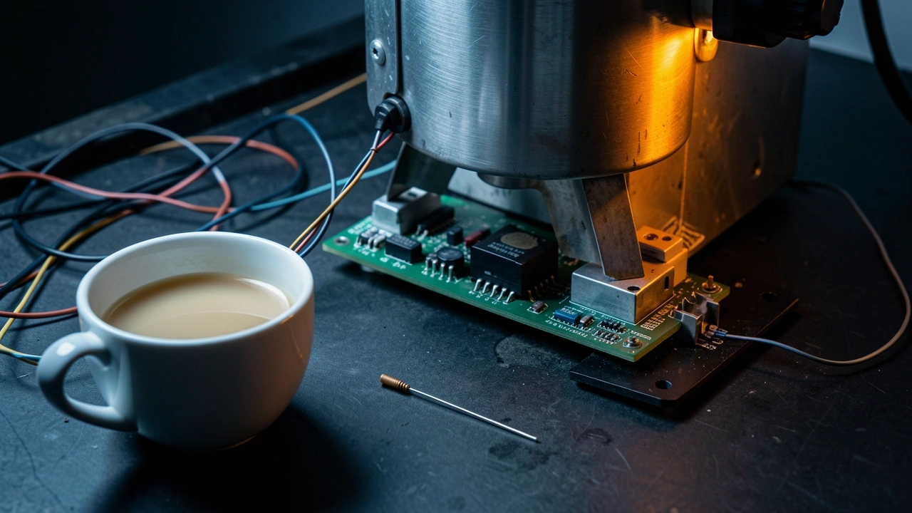 False Heater Failure Thermistor Sensor Coffee machine control board with unplugged thermistor sensor beside a cup of lukewarm coffee.