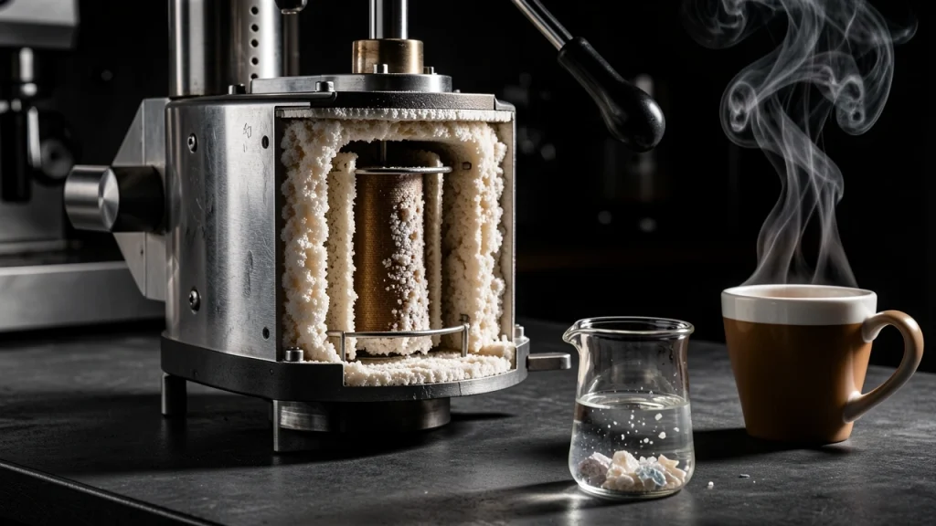 Cutaway espresso boiler with limescale and descaling solution in dramatic light
