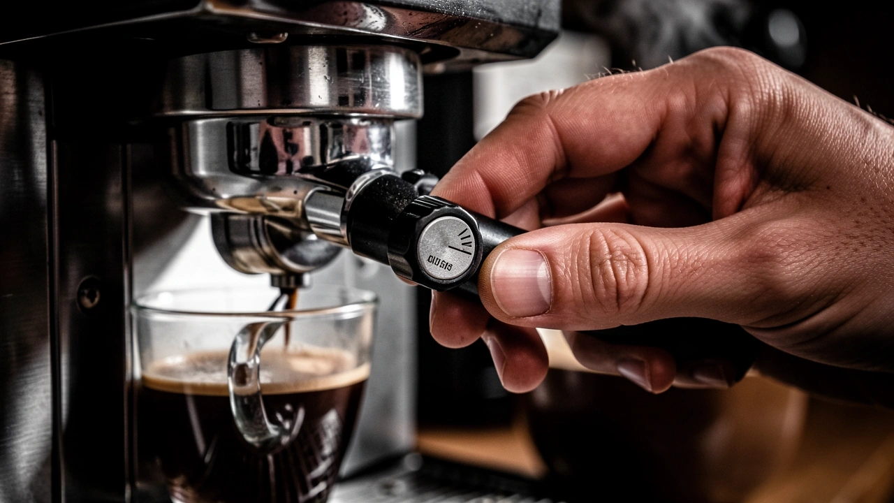 Hand adjusting grinder dial while fast espresso shot blurs in background