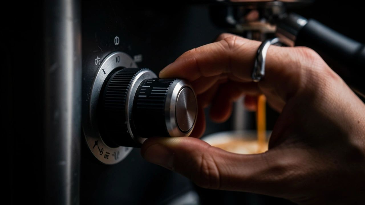 Hand turning grinder dial coarser with slow espresso dripping in background