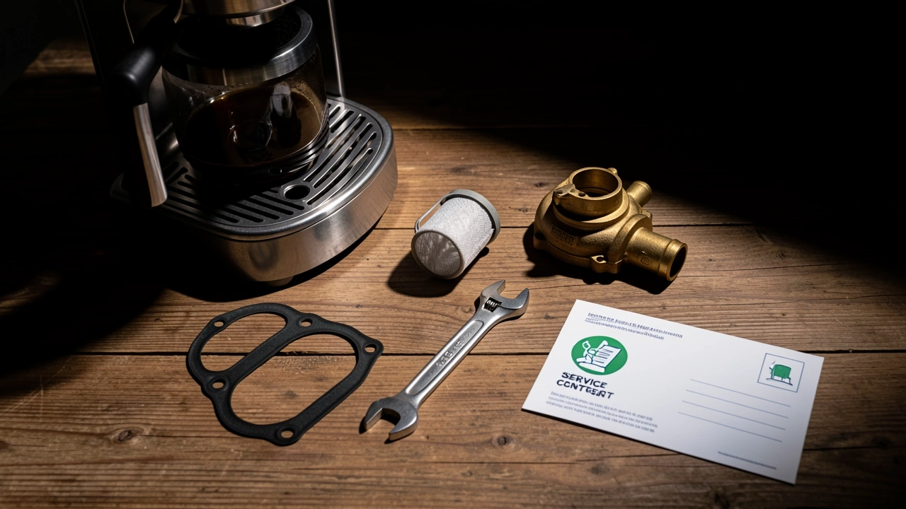 Flat-lay of spare coffee machine parts like gasket, filter, pump part and a wrench on a dark table.
