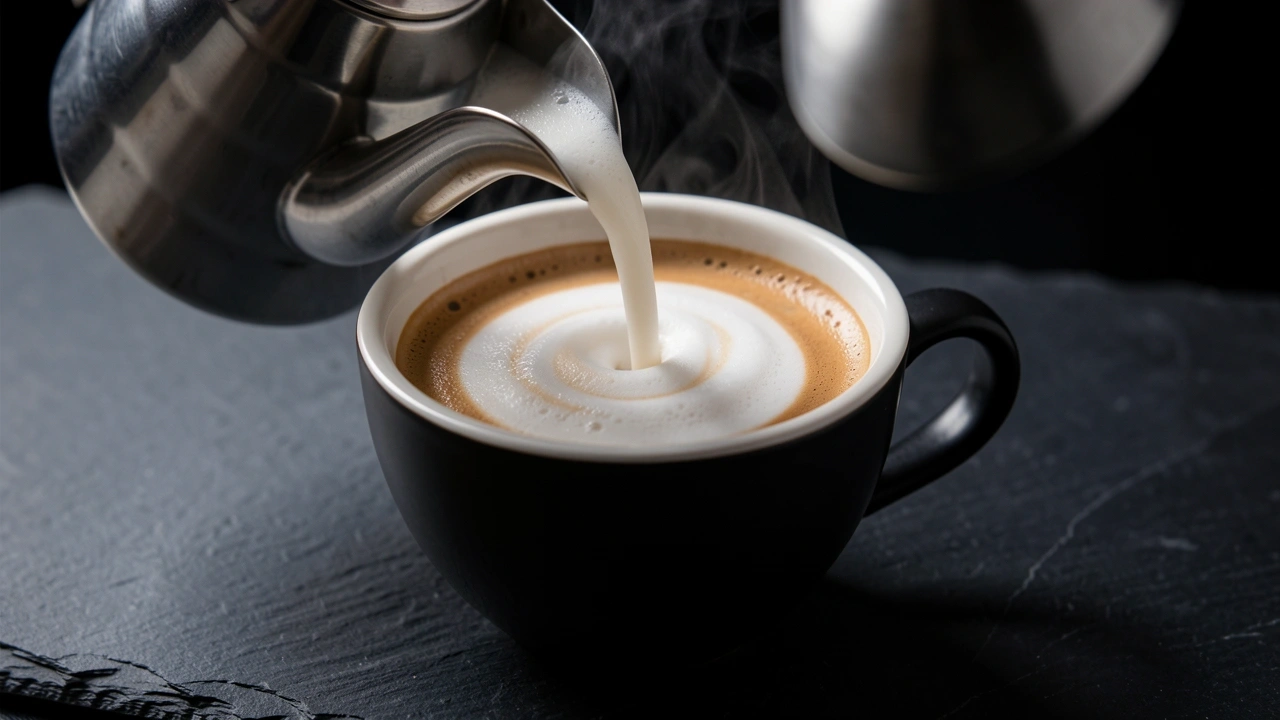 Barista pouring velvety microfoam into a flat white cup over dark ristretto