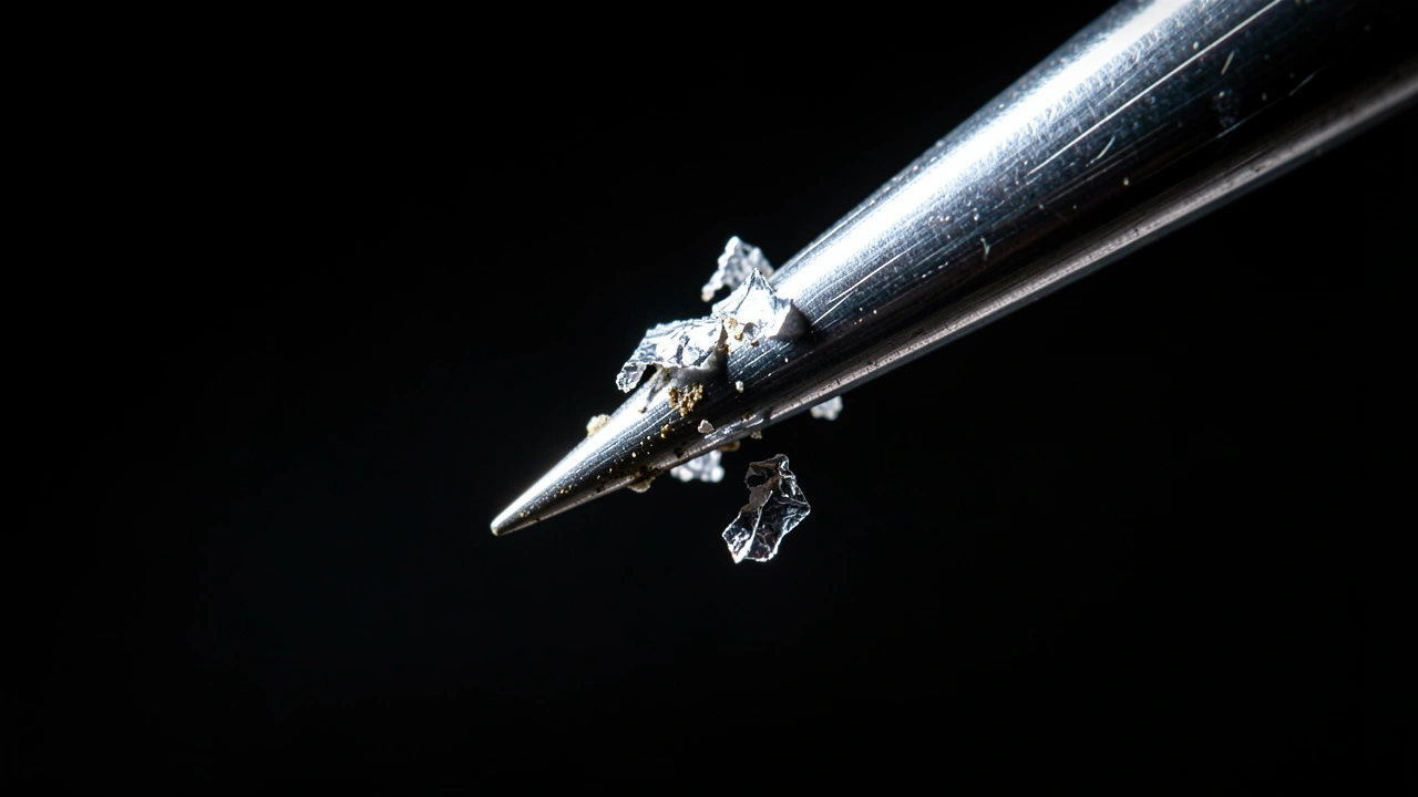 Macro image of metal needle with tiny torn foil fragments from cheap stickers