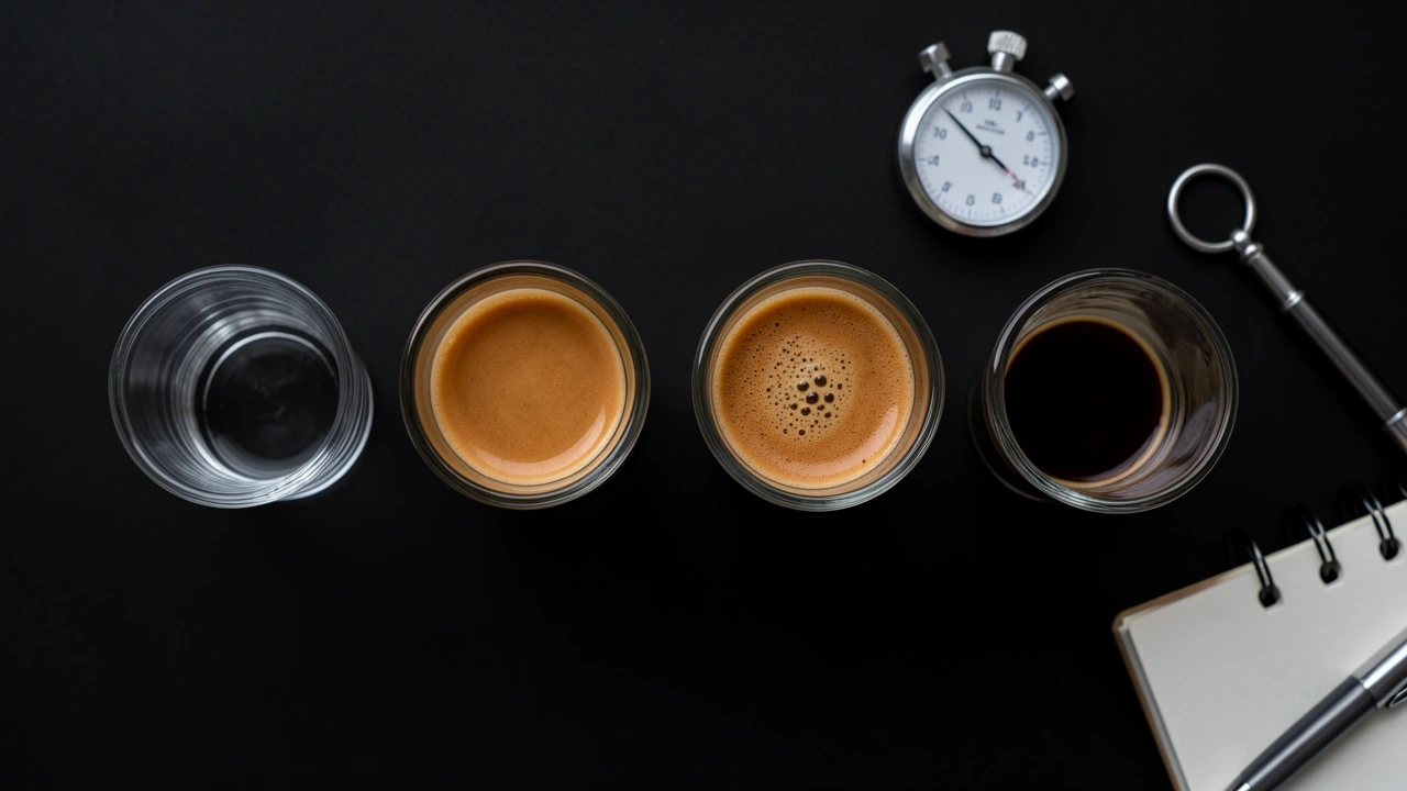 Flat lay of four espresso shot glasses in sequence with stopwatch and notepad.