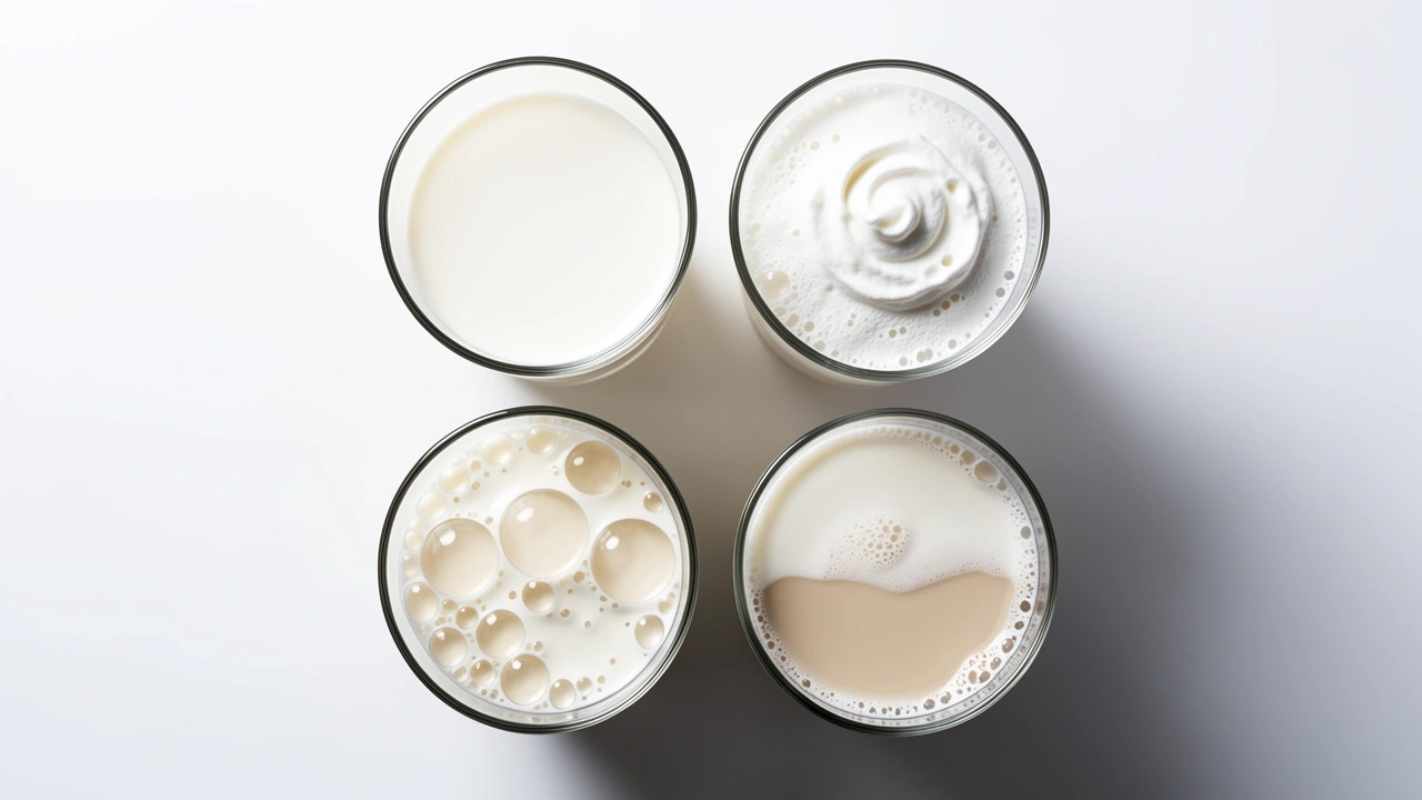 Four glasses of steamed milk showing different failure patterns for latte art