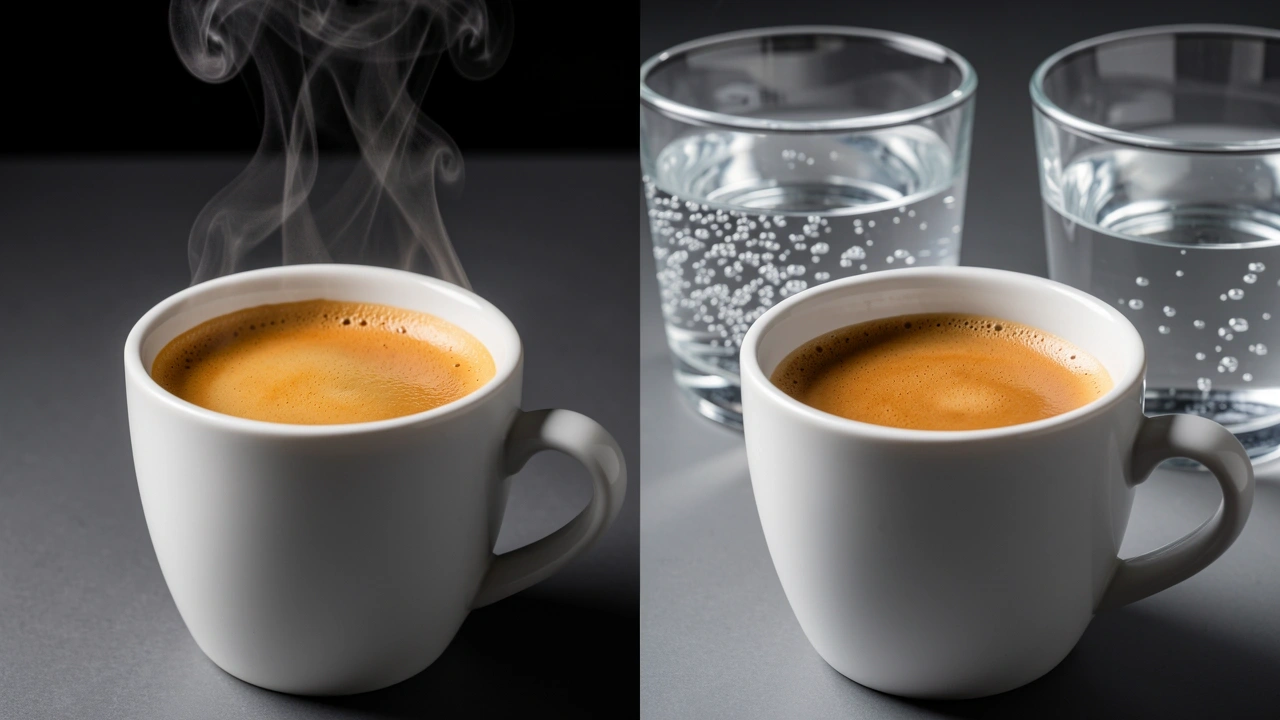 Comparison of espresso shot with fresh water vibrant crema vs stagnant water flat crema