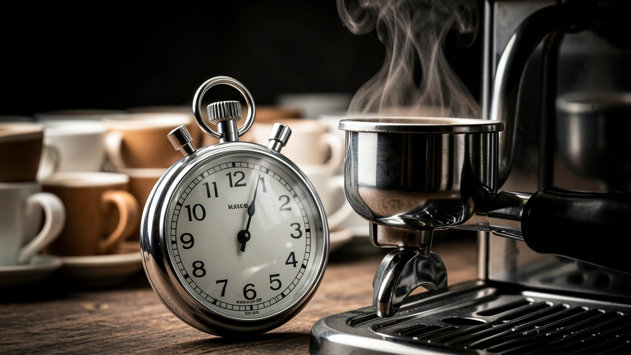 Stopwatch next to espresso portafilter symbolizing workflow friction