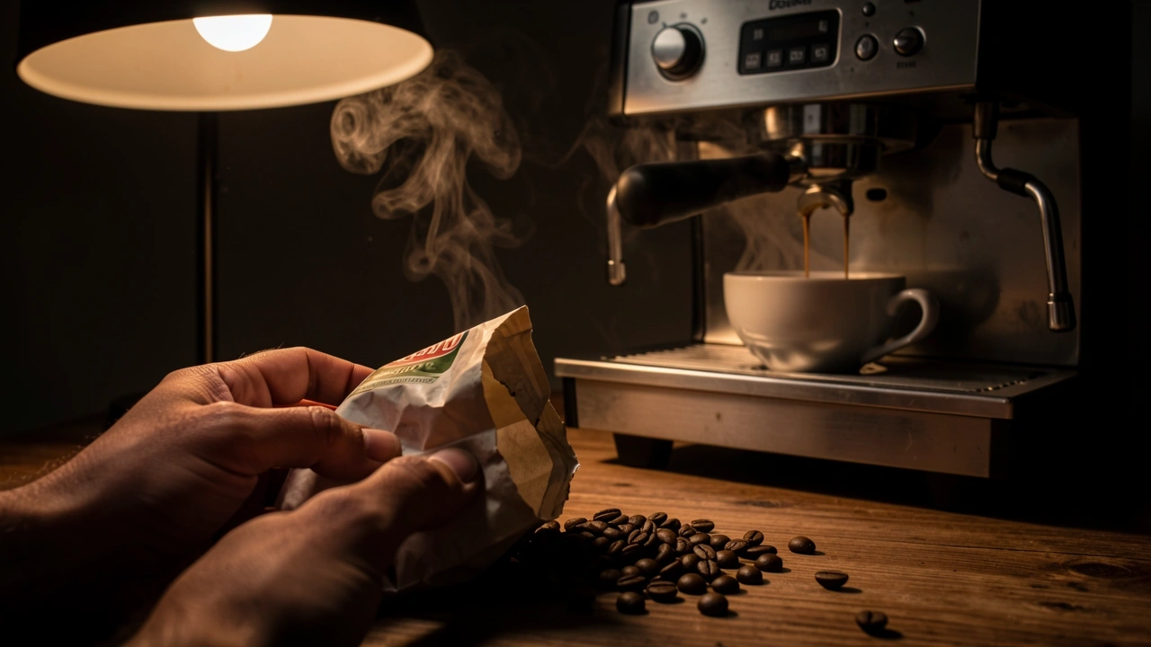 Hand holding crumpled light roast coffee bag with scattered beans and a failed espresso shot in background