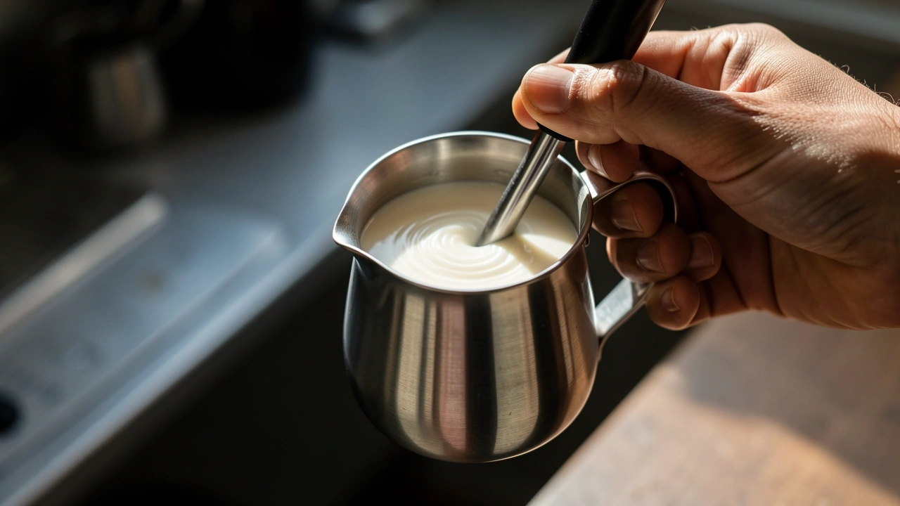 Almond Milk Steaming Technique Barista steaming almond milk with gentle touch and light vortex for 55-60°C