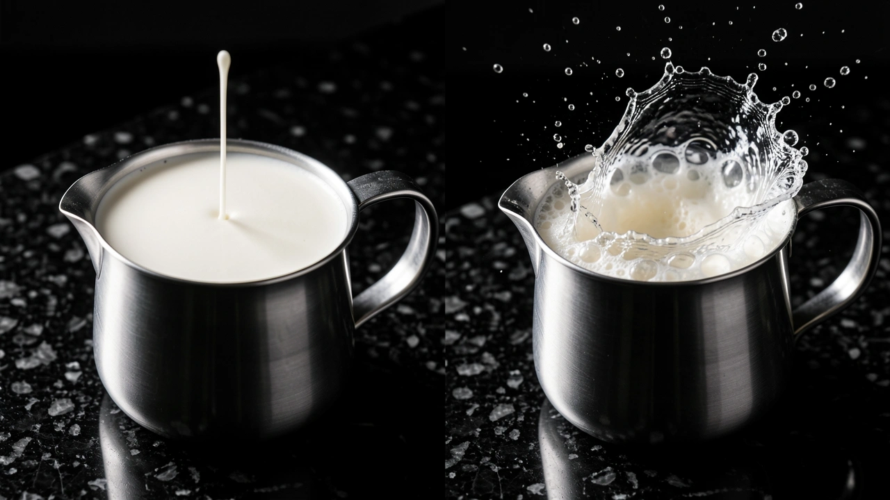 Comparison of gentle tap vs hard bang on milk pitcher showing shockwave effects on foam