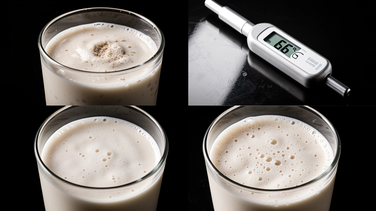 Oat Milk Troubleshooting Grainy vs Perfect Comparison of grainy slimy oat milk from overheating versus perfect smooth microfoam