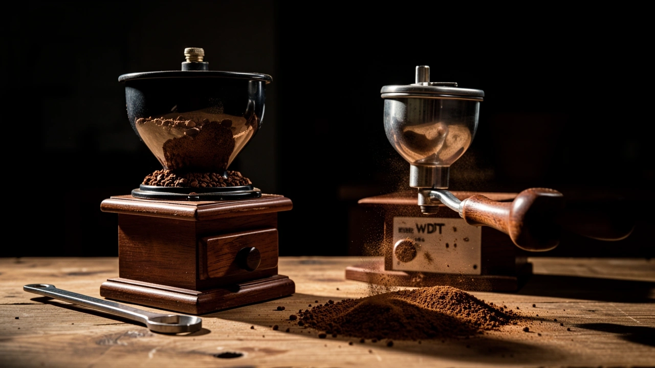 A coffee grinder producing both clumped and fluffy grounds, deciding need for WDT or leveler.