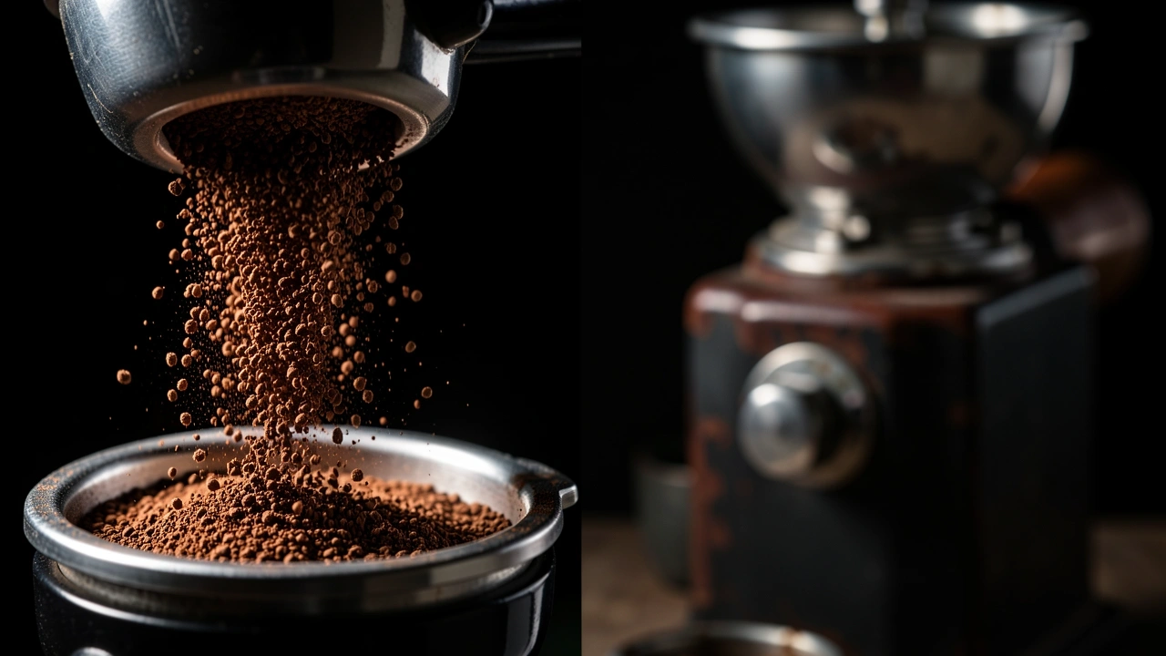 Grinder Precision Coffee Grounds Macro shot of coffee grounds falling into portafilter from doserless grinder, with high-end grinder in focus and cheap grinder blurred.