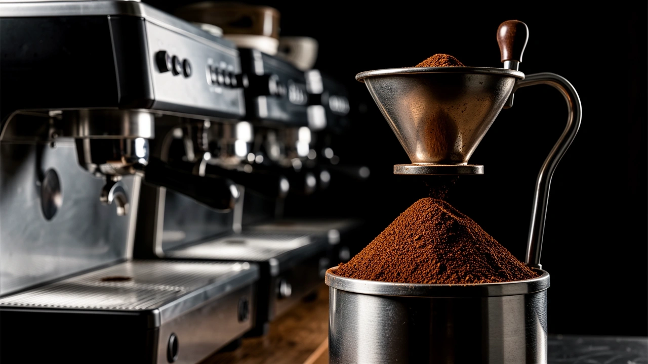 Grinder Focused Over Espresso Machines Premium espresso grinder with large flat burrs in sharp focus while espresso machines blur in background