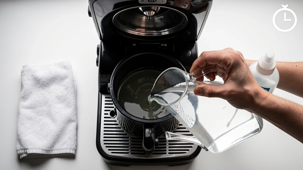 Espresso machine with half-filled reservoir and cleaning supplies for weekly drain cycle