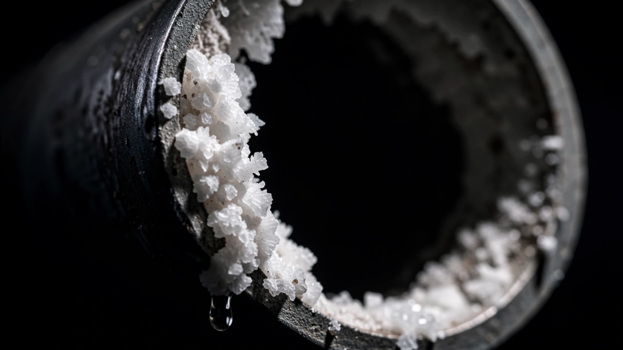 Macro shot of white mineral scale on pipe interior with water drop, hard water damage.