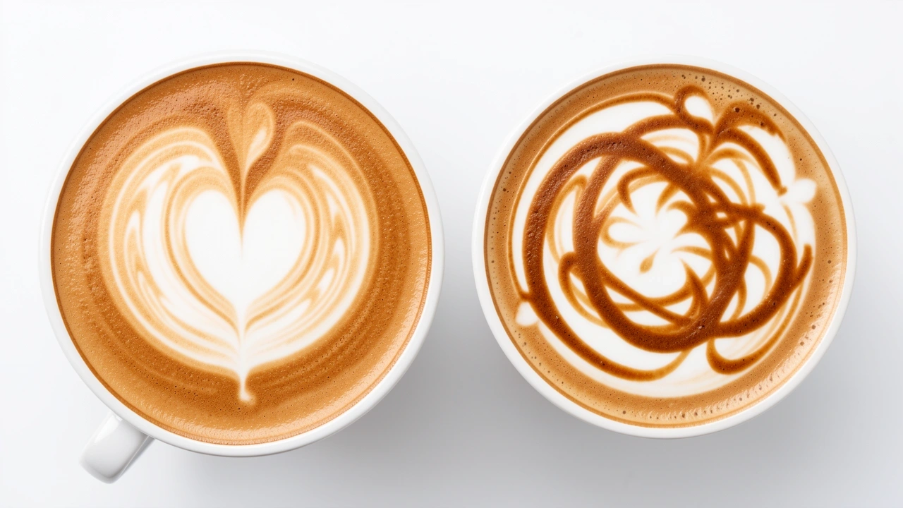 Comparison of a perfect heart and a messy wiggle latte art pattern
