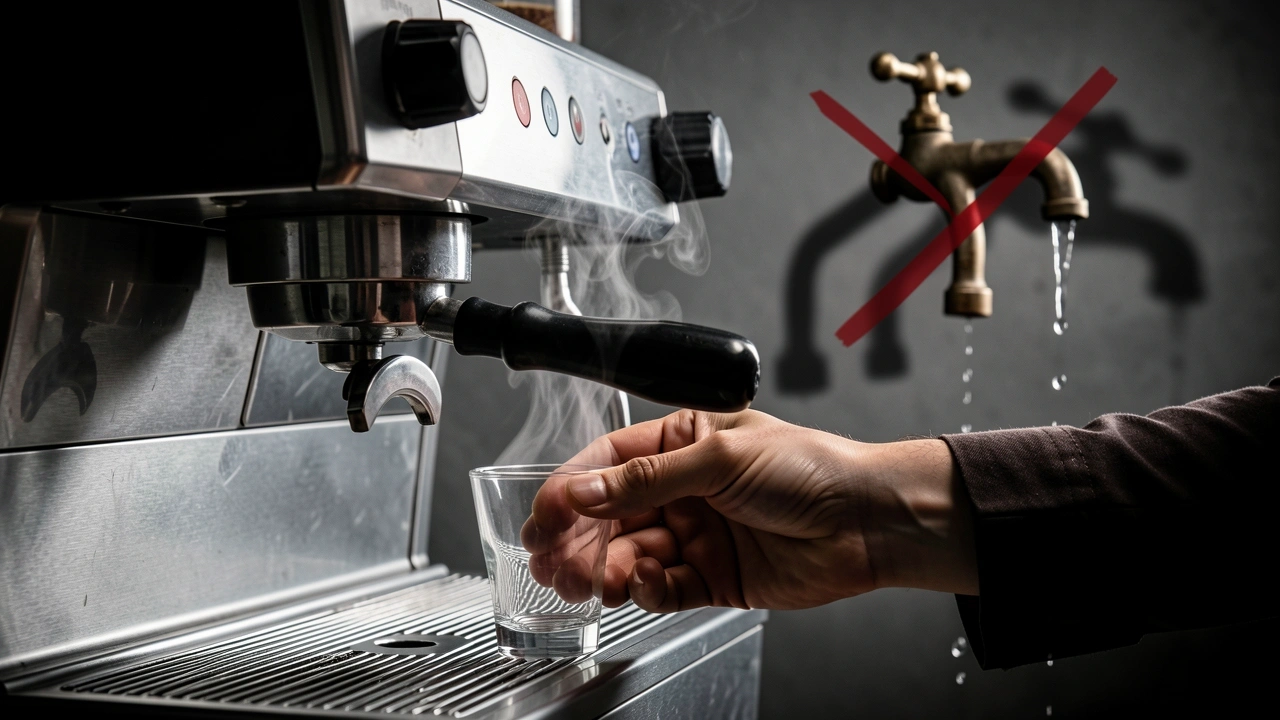 Modern Heat Exchanger No Flush Needed Barista's hand near portafilter on modern heat exchanger machine with thermal shimmer