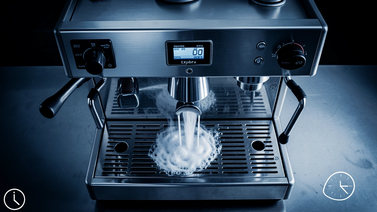 Overhead view of an HX espresso machine flushing water into a drip tray, with PID controller and clock icon.
