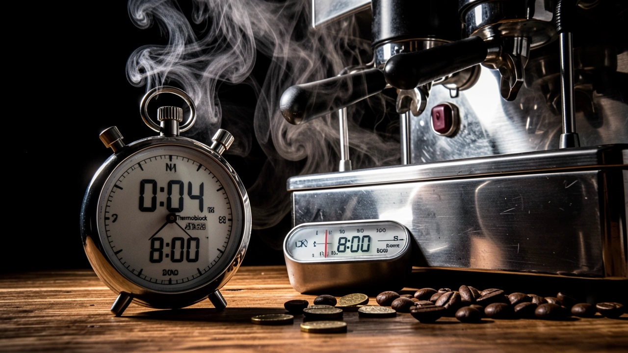Stopwatch and thermometer beside an espresso machine indicating different heat-up times.