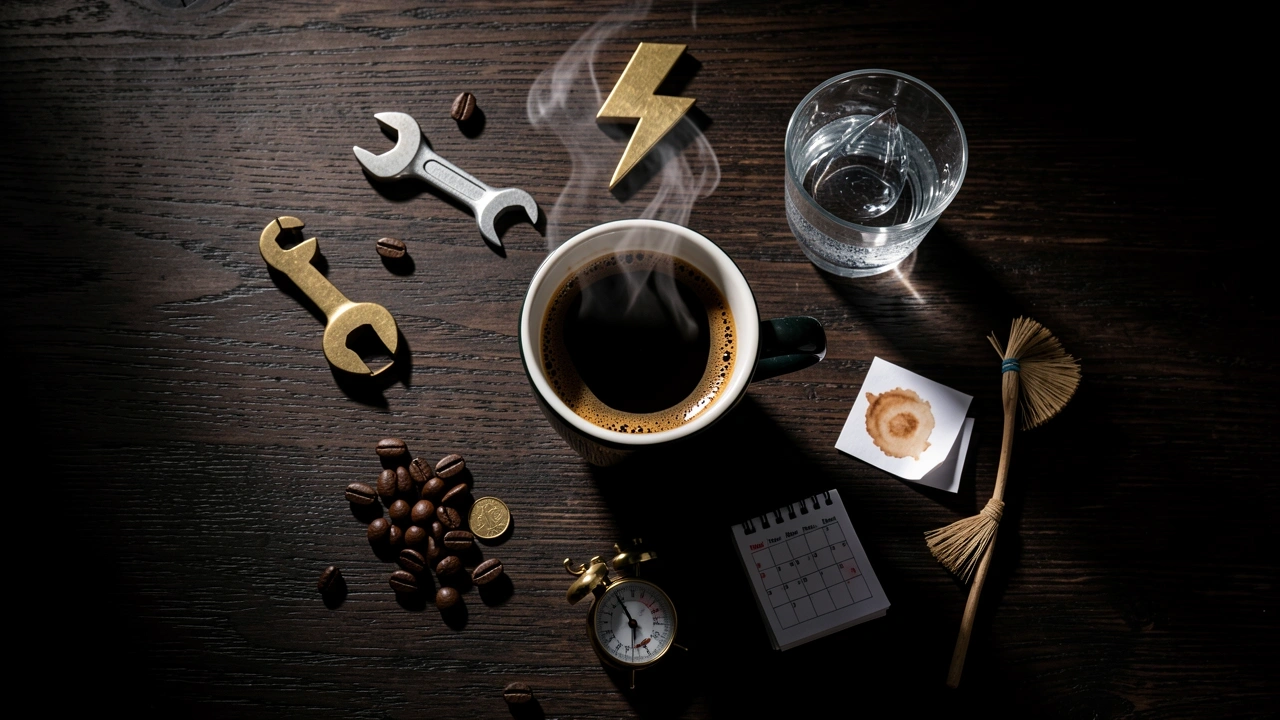 Espresso cup surrounded by objects representing hidden coffee costs: wrench, lightning, water drop, and a scale