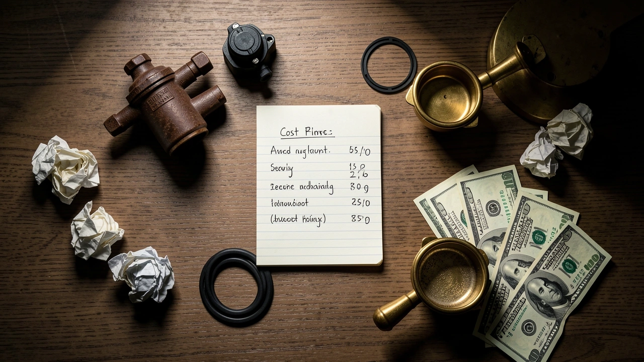 Flat lay of espresso machine replacement parts and dollar bills, representing hidden repair costs.