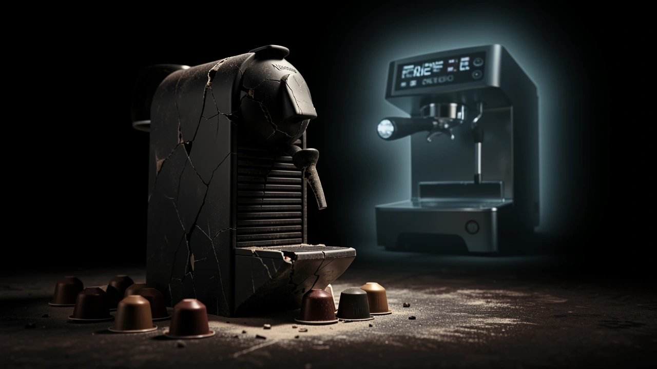 Broken Nespresso machine with capsules and glowing espresso machine in background