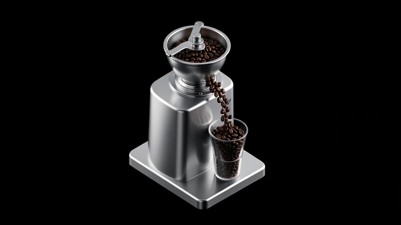 A professional burr coffee grinder with beans falling into a glass cup.